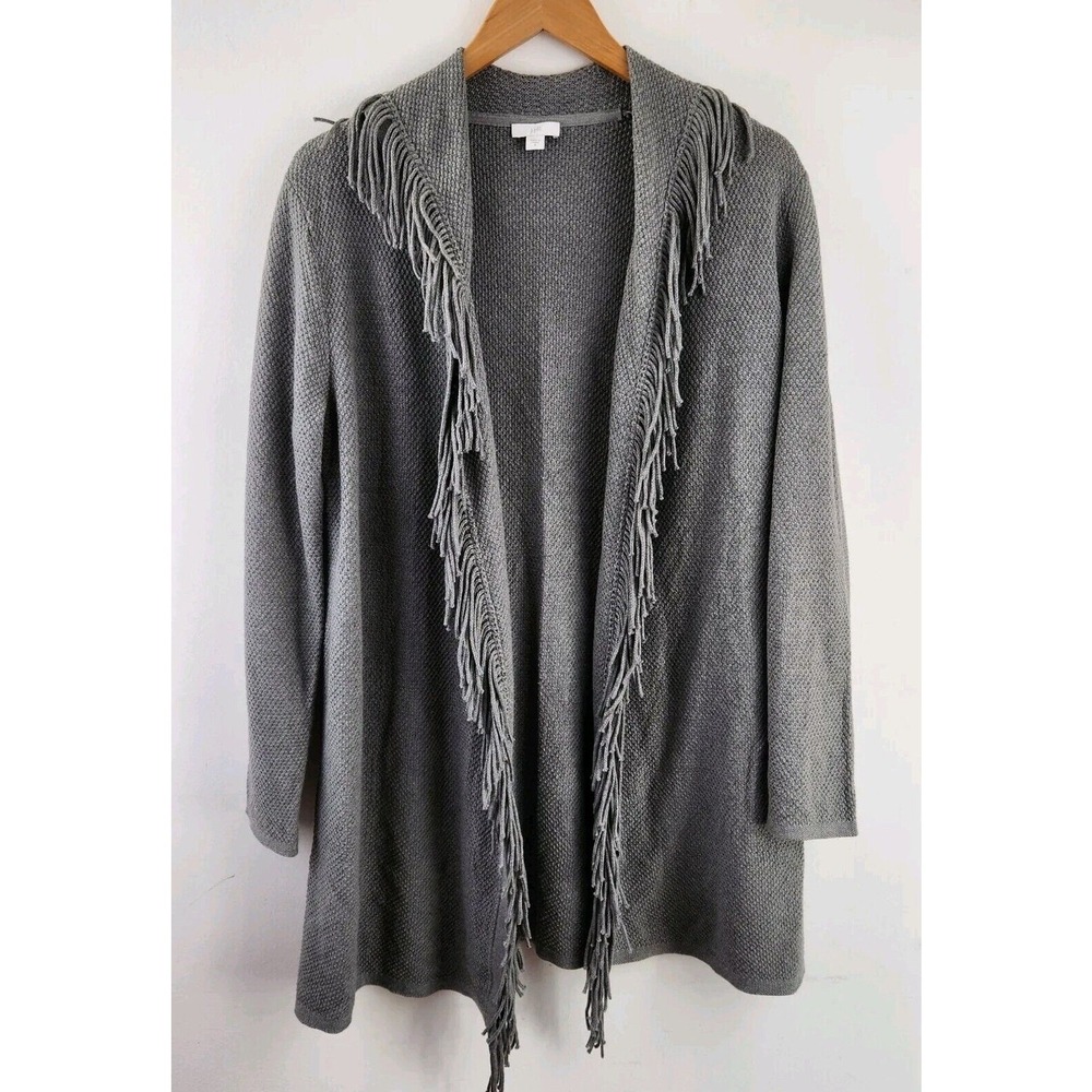 J. Jill Cardigan Women S Gray Fringe Open Front Textured Knit Sweater